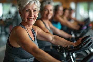 Active senior women with joyful expressions exercising on stationary bikes in a fitness center - obrazy, fototapety, plakaty