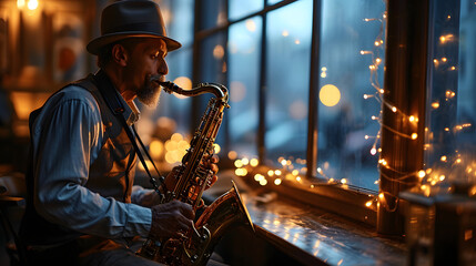 Jazz Saxophonist in Evening Light. Generative AI - obrazy, fototapety, plakaty