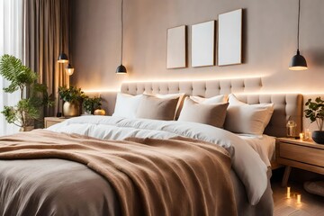 Modern house interior details. Simple cozy beige bedroom interior with bed headboard, linen bedding, bedside table and natural decorations, closeup