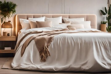 Modern house interior details. Simple cozy beige bedroom interior with bed headboard, linen bedding, bedside table and natural decorations, closeup