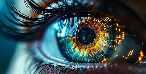Close-up of a human eye with advanced cybernetic enhancements, symbolizing futuristic vision...