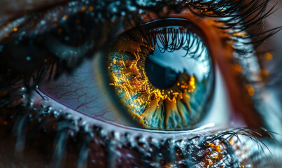 Close-up of a human eye with advanced cybernetic enhancements, symbolizing futuristic vision...