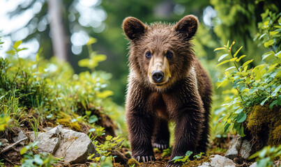 Adorable Brown Bear Cub Exploring the Forest, Captured in a Natural Habitat with a Soft-Focused Green Background