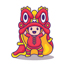 Little kid boy playing chinese lion dancing