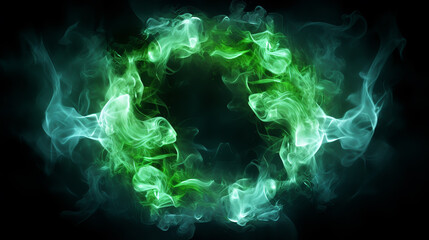 Green neon frames with smoke and sparkles. Circle glowing borders - obrazy, fototapety, plakaty