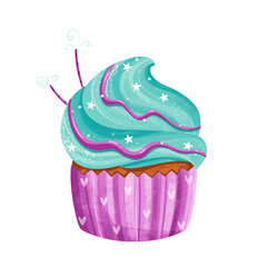 Delicious cupcake with bright glaze, decorated with sweets. An atmosphere of taste and joy. Illustration to create an appetizing atmosphere in your projects