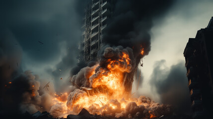 Abstract destruction of fictitious city with fires, explosion, shattered glass and rubble. Concept of war, natural disasters
