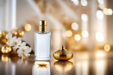 Obraz na płótnie Canvas fancy perfume flacon advertising , white and gold premium cosmetics advertising template