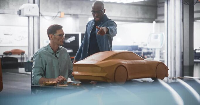 Enthusiastic Teamwork of Two Diverse Creative Colleagues Working in an Automotive Development Design Agency. Professional Sculptor Working Together with an Engineer, Discussing the Prototype Vehicle
