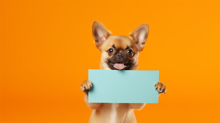 Cute Puppy with paws over white sign.