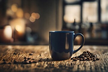 blue ceramic coffee cup on wooden counter , coffee beans and steam , cosy and elegant - obrazy, fototapety, plakaty