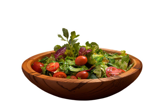 Tigela de madeira com salada de alface, tomates interios. Isolado em fundo transparente, sem fundo, png.