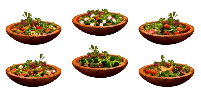 Conjunto de tigelas redondas de madeira com saladas mistas e variadas, isolado em fundo transparente, png.
