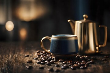 blue ceramic coffee cup on wooden counter , coffee beans and steam , cosy and elegant - obrazy, fototapety, plakaty