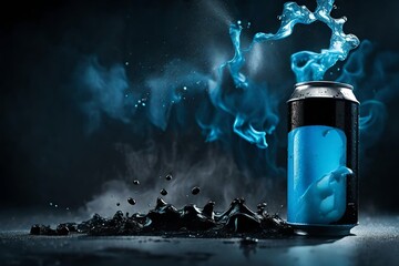 blue drink can beverage template  , liquid splatter and dynamic smoke background