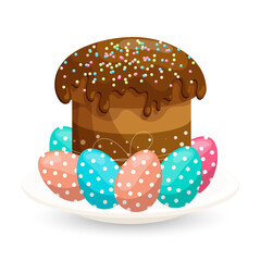 Easter cake with icing  and Easter eggs. Easter illustration, vector