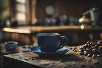 fresh warm coffee advertising ,  blue ceramic mug on a wooden surface - obrazy, fototapety, plakaty