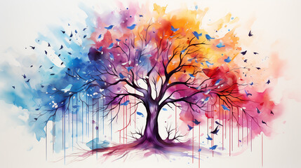 watercolor illustration of tree with musical notes for audio media concepts and designs musical notes. Musical Tree. - obrazy, fototapety, plakaty