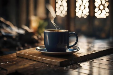 steamy hot coffee  in a ceramic cup , strong bokeh background , coffe advertising template