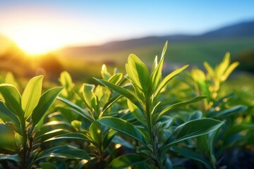 Green tea leaves on a blurred green background with morning sunlight, tea plantations.