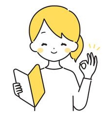 黄色｜初心者マークを持つ私服の女性｜OKサイン
