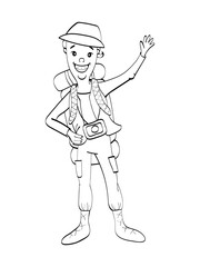 funny tourist with photocamera. Outline, children coloring book. Black and white. Vector illustration.