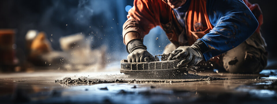 worker screeding indoor cement floor with screed