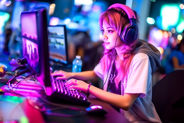 Girl gamer in headphones plays video games on PC - obrazy, fototapety, plakaty