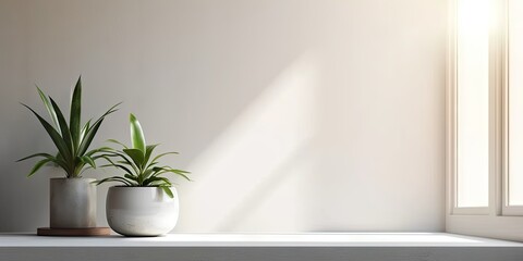 White interior design concept with empty wall and contemporary furnishings. Indoor oasis. Modern home featuring stylish decor potted plants and minimalist aesthetic