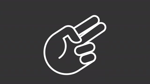 2D white simple thin line animation of hand scissors icon, HD video with transparent background, seamless loop 4K video representing hand gesture.
