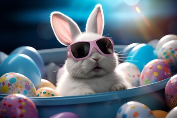 cool easter bunny with sunglasses chilling in basket with colorfully painted eggs - obrazy, fototapety, plakaty