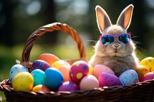 cool easter bunny with sunglasses chilling in basket with colorfully painted eggs