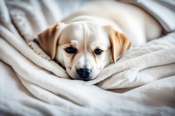 Small white puppy sleeping on bed covered with a blanket. Puppy relaxing on bed at home