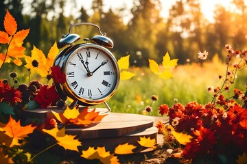 Naklejka na ściany i meble Daylight saving time ends. Alarm clock on beautiful nature background with summer flowers and autumn leaves. Summer time end and fall season coming. Clock turn backward to winter time. Autumn equinox