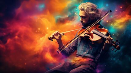 Fototapeta premium Beautiful man playing violin. Male violinist against dark colors background with colorful smoke.