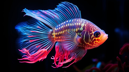 close up of glowing fish in fish tank water under fluorescence l