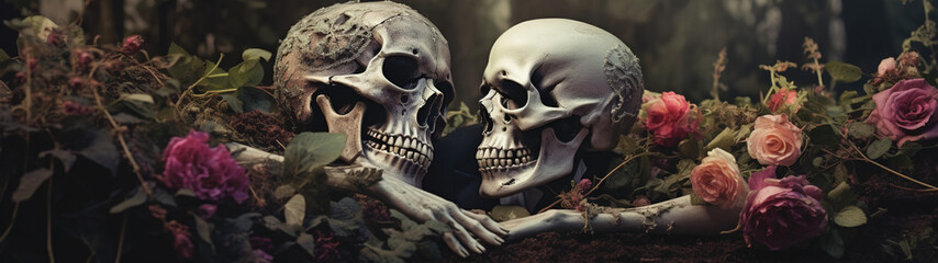 Beautiful Skull Skeleton Of Lover In Forest, Cuddle Lay On Ground Together With Flowers And Floral , Idea For Eternal Love Romantic Valentine Or Halloween Background, They Are Smiling to Each Other,