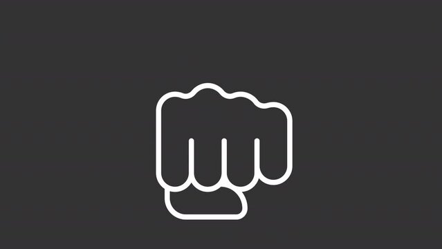 2D white simple thin line animation of punch icon, HD video with transparent background, seamless loop 4K video representing hand gesture.