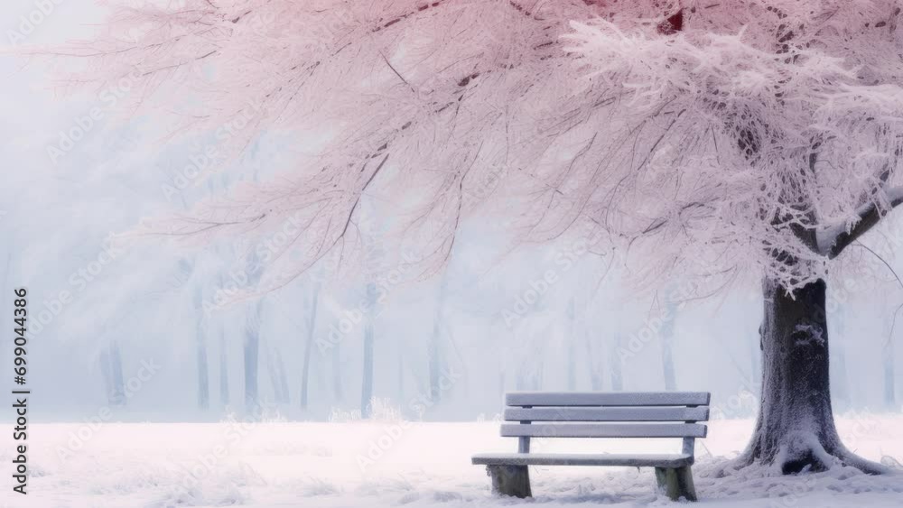 Wall mural A painting of a snow covered tree with a bench under it and a person sitting on a bench under the tree.. winter spring snow png like style - Created using AI Generative Technology