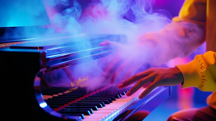 The Keyboard plays the electronic piano. Stage light, smoke.
