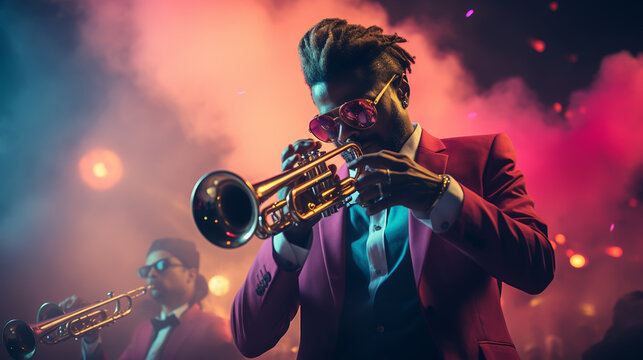 Colorful trumpet with music, powder explosion. Abstract background.