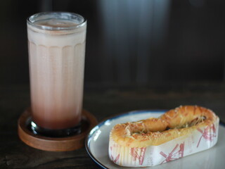 chocolate drink and bread on the table
