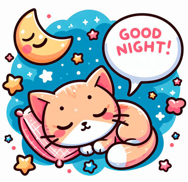 Good night card with a cute cat character. Cartoon style