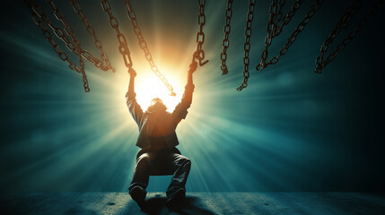 Person with broken chains at the time of the sunrise . vintage concept