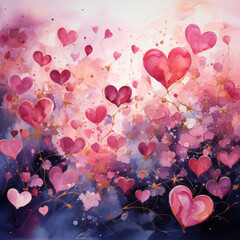 Valentine hearts background. Purple and pink watercolor illustration