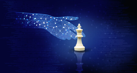  AI or Artificial intelligence make strategic move concept, computer Artificial intelligence graphic hand move the white king chess with binary numbers and dark gradient blue background