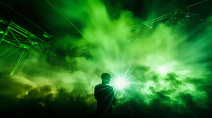 A party in a nightclub with a DJ, a crowd of people dancing, lots of colorful lasers and smoke.