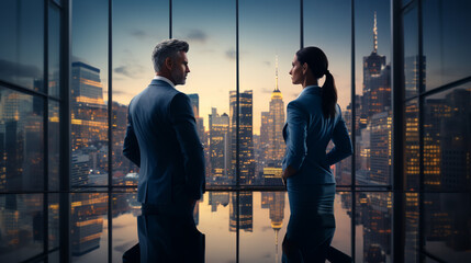Successful happy businessman and businesswoman standing back to back with arms crossed and smiling at camera, office interior. Partnership concept - Powered by Adobe