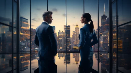 Foto op Plexiglas Successful happy businessman and businesswoman standing back to back with arms crossed and smiling at camera, office interior. Partnership concept © alexkich
