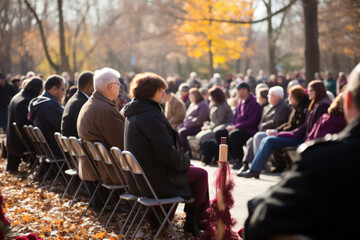 Memorial Service Scene Depicts People Gathered To Remember And Honor The Departed - obrazy, fototapety, plakaty